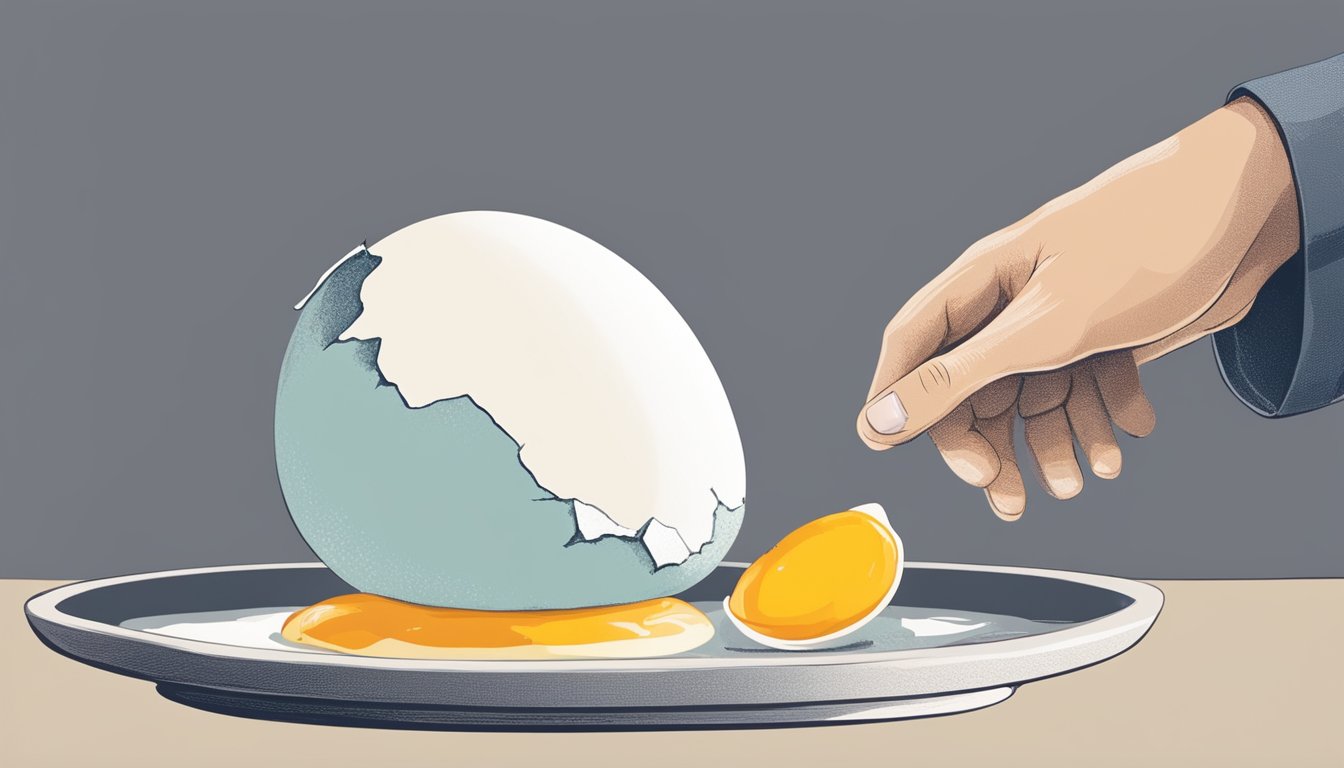 A cracked goose egg surrounded by a partially cooked white and runny yolk on a plate, with a concerned person looking at it