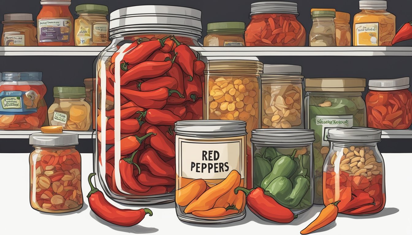 A jar of expired roasted red peppers with a faded label, surrounded by other expired food items on a cluttered pantry shelf