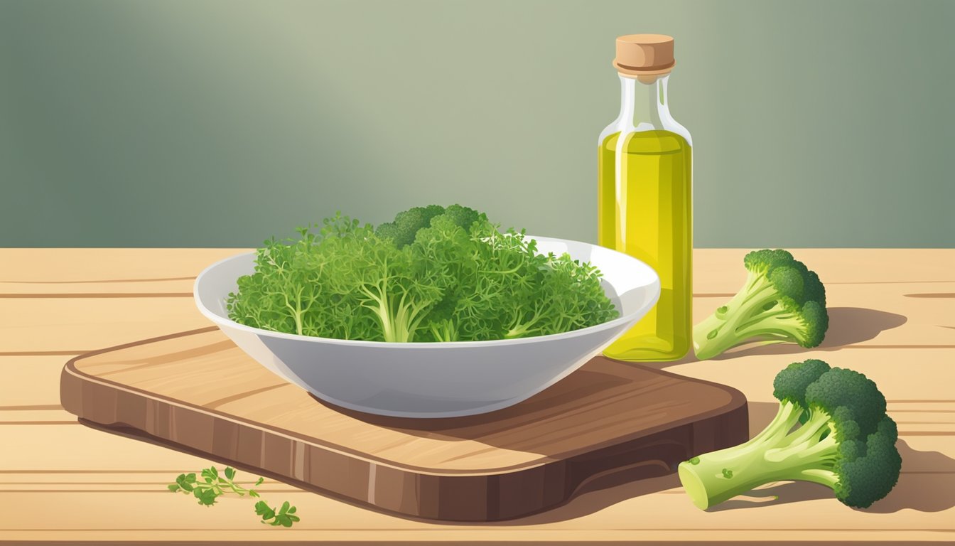 A bowl of raw broccoli sprouts surrounded by fresh vegetables and a bottle of olive oil on a wooden cutting board