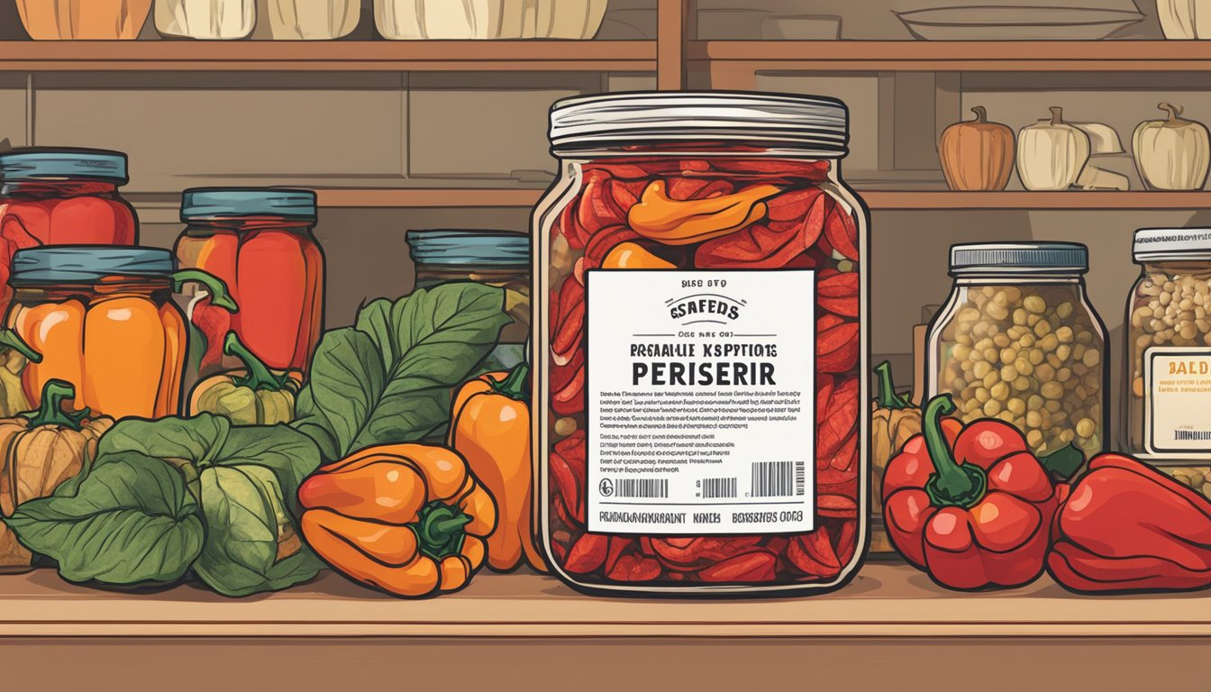 A jar of roasted red peppers sits on a shelf, surrounded by other preserved foods. The label shows an expiration date, but the peppers inside appear fresh and vibrant