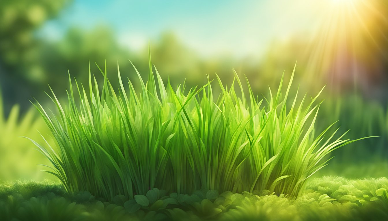 A vibrant green wheatgrass plant growing in a sunny field, surrounded by other leafy greens and bathed in warm sunlight