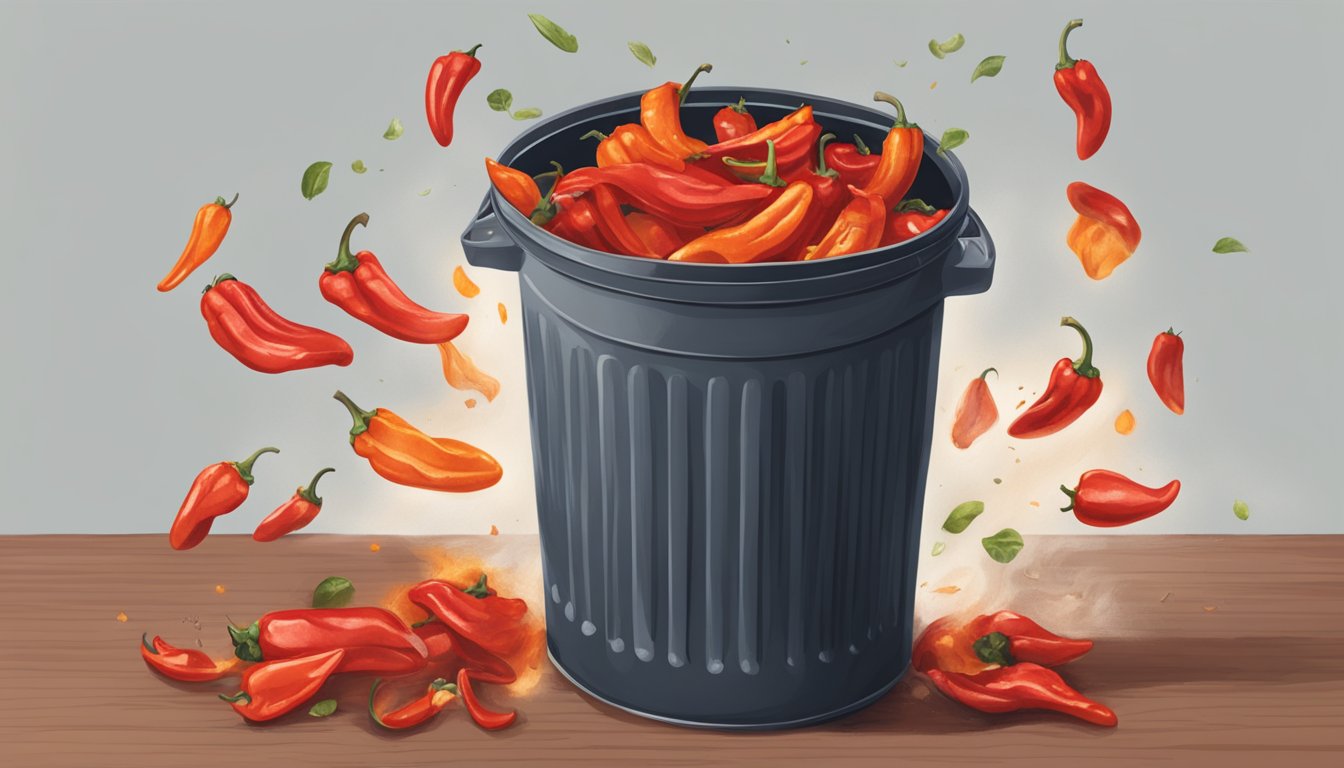 A jar of expired roasted red peppers being thrown into a trash can