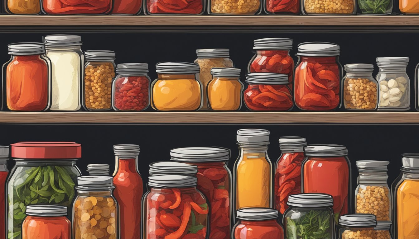 An unopened jar of expired roasted red peppers on a kitchen shelf, surrounded by other pantry items