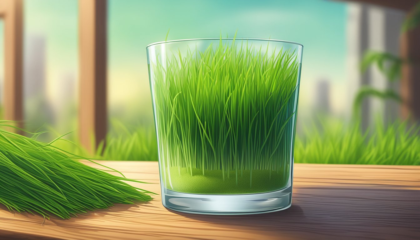 A glass of raw wheatgrass sits on a wooden table, surrounded by vibrant green wheatgrass plants. A caution sign is placed next to the glass