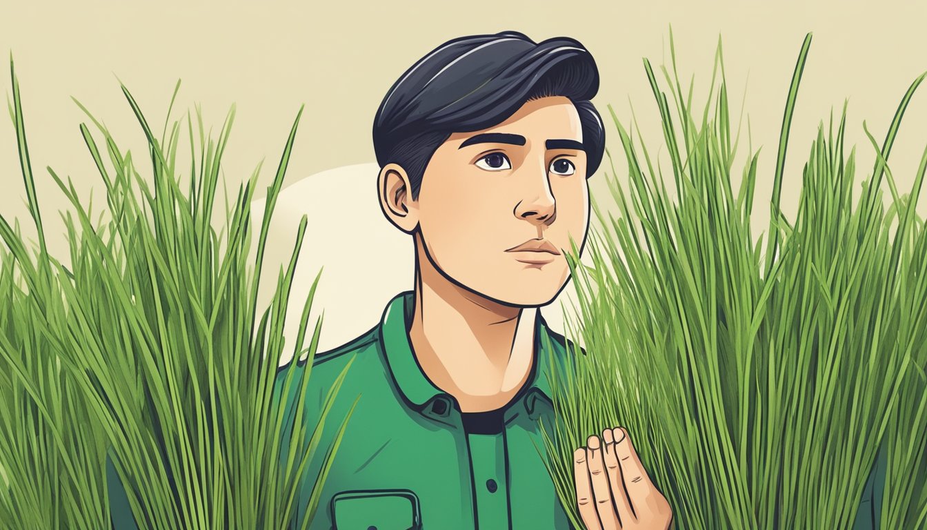 A person holding a bunch of fresh wheatgrass with a concerned expression, looking at it closely