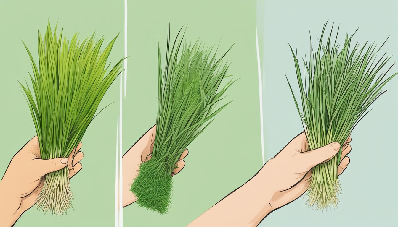 A person holding a stalk of wheatgrass next to other edible grasses, comparing their appearance and texture