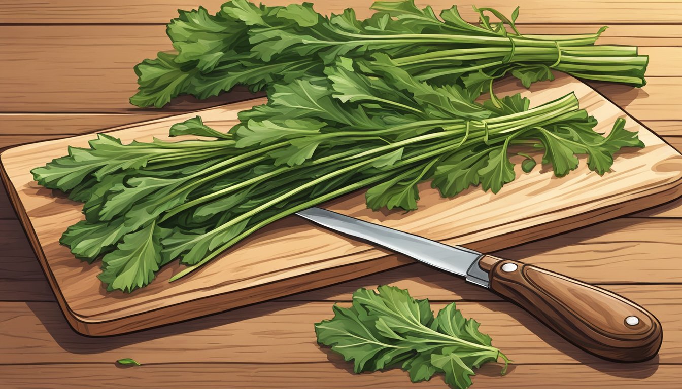 A close-up of fresh dandelion greens arranged on a wooden cutting board with a knife beside them