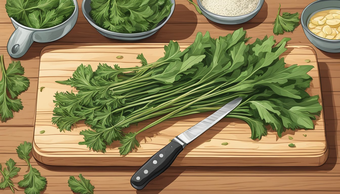 Fresh dandelion greens arranged on a wooden cutting board with a knife beside them, ready to be prepared for consumption