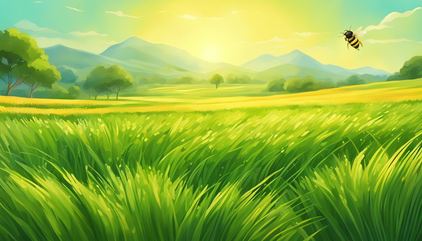 A lush field of wheatgrass sways in the breeze, bathed in golden sunlight. Bees buzz around the vibrant green blades, adding a sense of vitality and natural energy