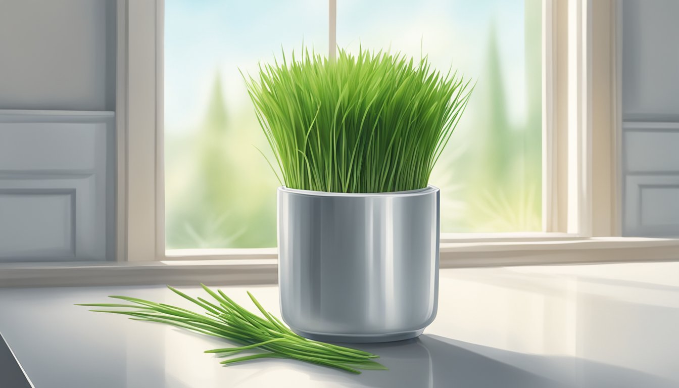 A small bundle of fresh wheatgrass sits on a clean white countertop, surrounded by a soft, natural light