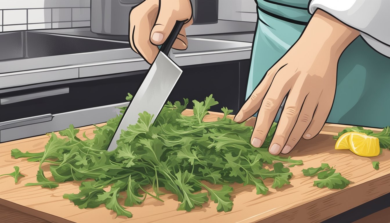 A chef washing and inspecting dandelion greens, then chopping them on a cutting board