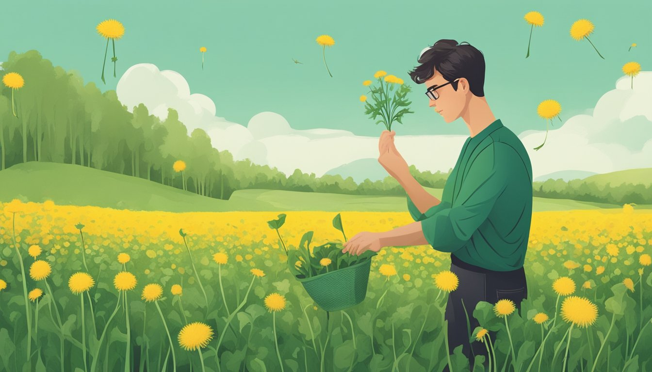 A person picking fresh dandelion greens from a field, with a cautious expression and a question mark hovering above their head