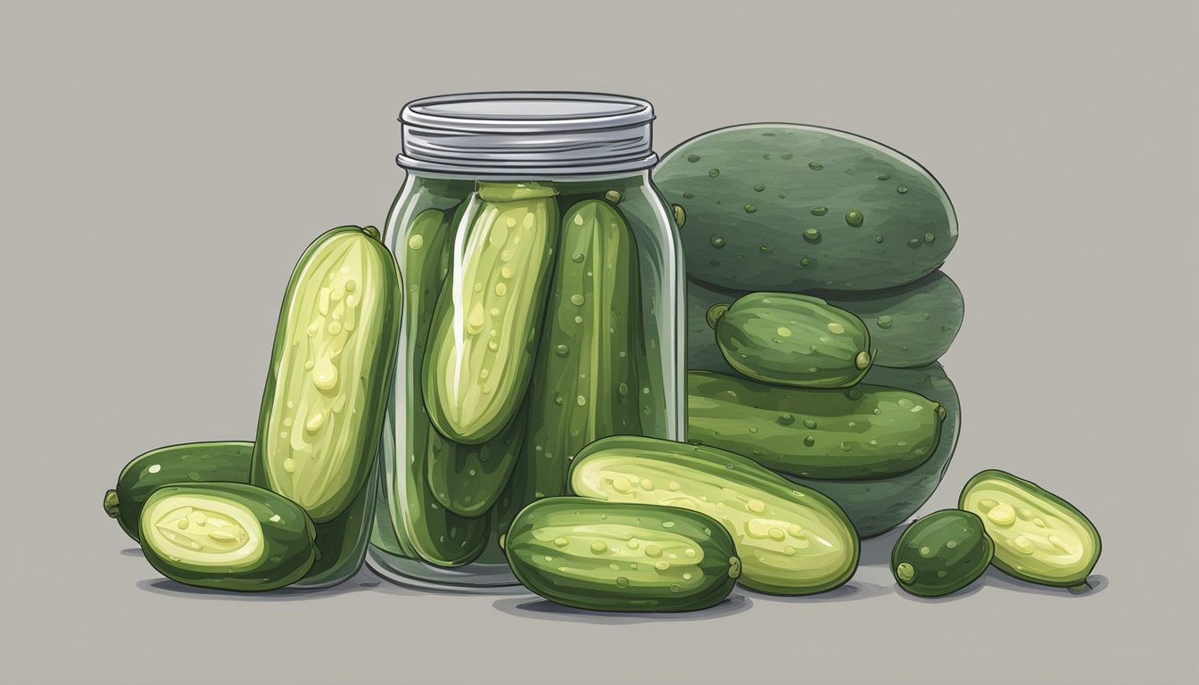 A jar of pickles with a cloudy, discolored brine and a bulging lid, sitting next to a pile of moldy cucumbers