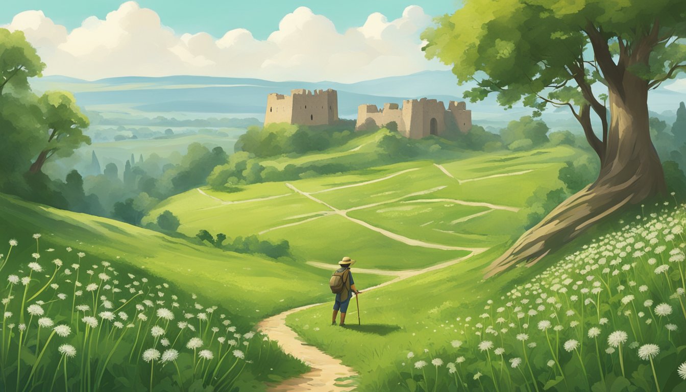 A person foraging dandelion greens in a lush meadow, with an ancient historical site in the background