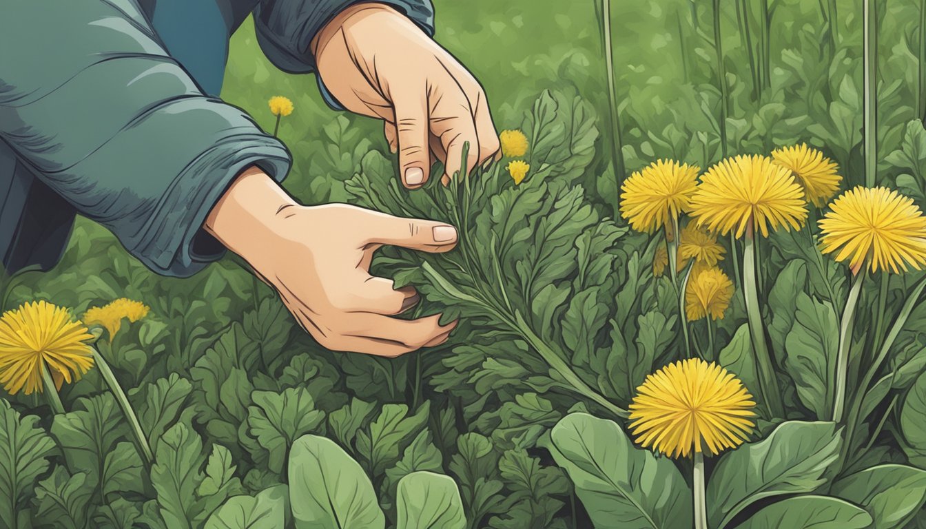 A person picking fresh dandelion greens from a garden, examining them closely before deciding whether to eat them