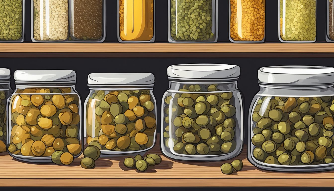 A jar of expired capers on a kitchen shelf, surrounded by other condiments and spices