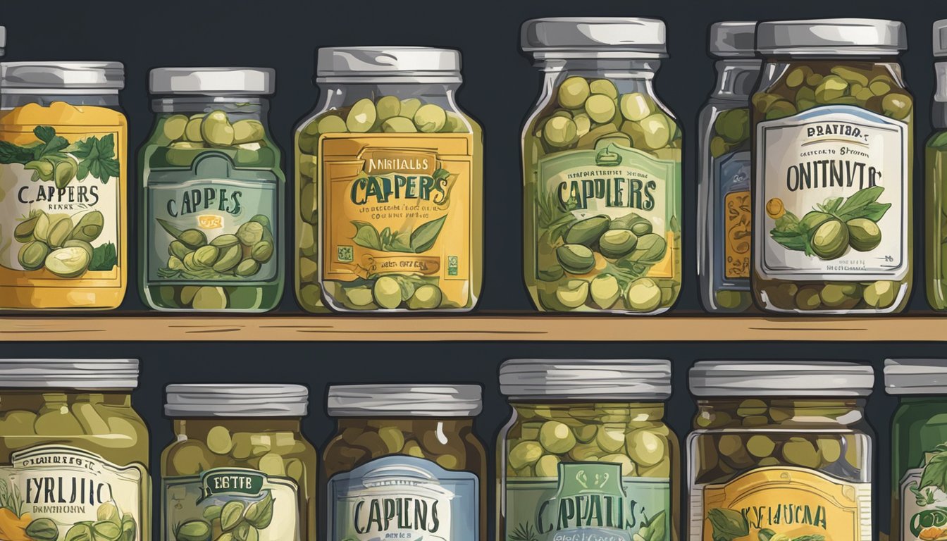 A jar of capers sits on a shelf, surrounded by other condiments. The expiration date on the label is clearly visible