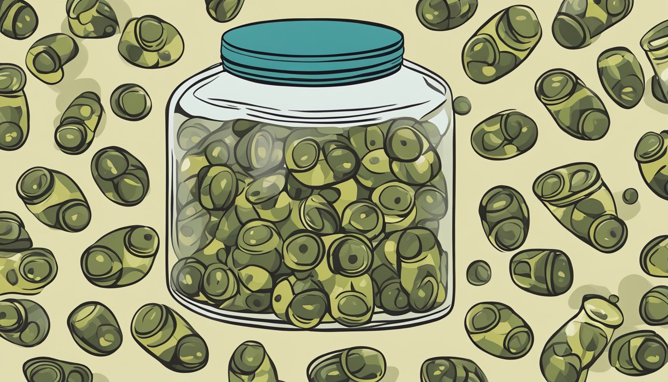 A jar of capers with a visible expiration date, surrounded by question marks and a concerned expression on a person's face