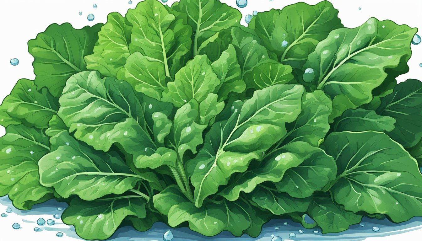 A pile of fresh collard greens, surrounded by vibrant green leaves and stems, with water droplets glistening on the surface