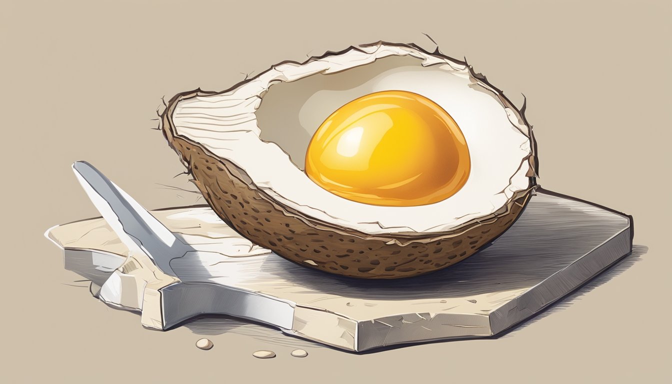 A cracked ostrich egg on a cutting board with a raw, runny yolk spilling out