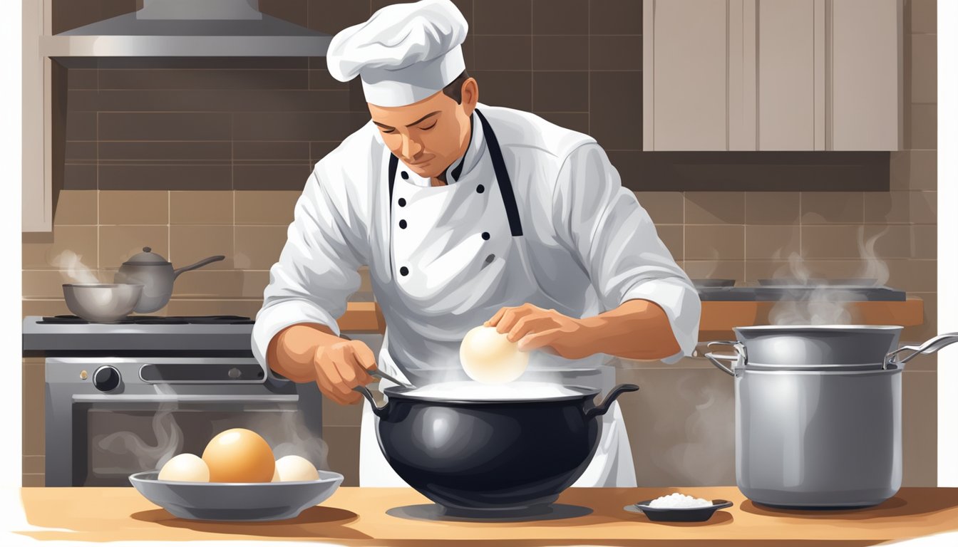 A chef carefully cooks an ostrich egg in a pot of boiling water