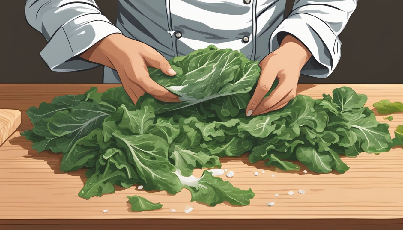 A chef washing and chopping fresh collard greens on a clean cutting board