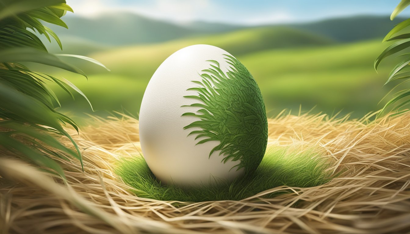 An ostrich egg lies on a bed of straw, surrounded by a lush, green landscape. The egg is cracked open, revealing its creamy white interior