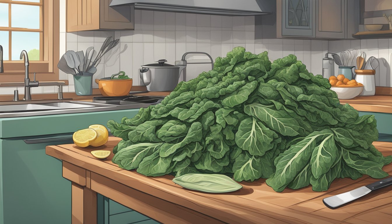 A pile of fresh collard greens sits on a cutting board, surrounded by various kitchen utensils and a sink. A concerned person looks at a computer screen, searching for information on the safety of eating raw collard greens