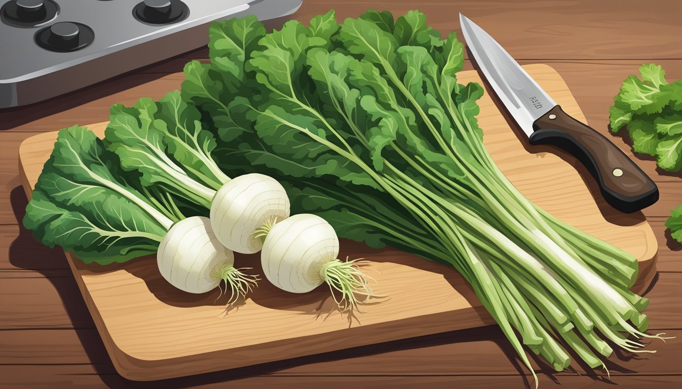 A bunch of fresh turnip greens arranged on a cutting board, with a knife nearby and a measuring scale in the background