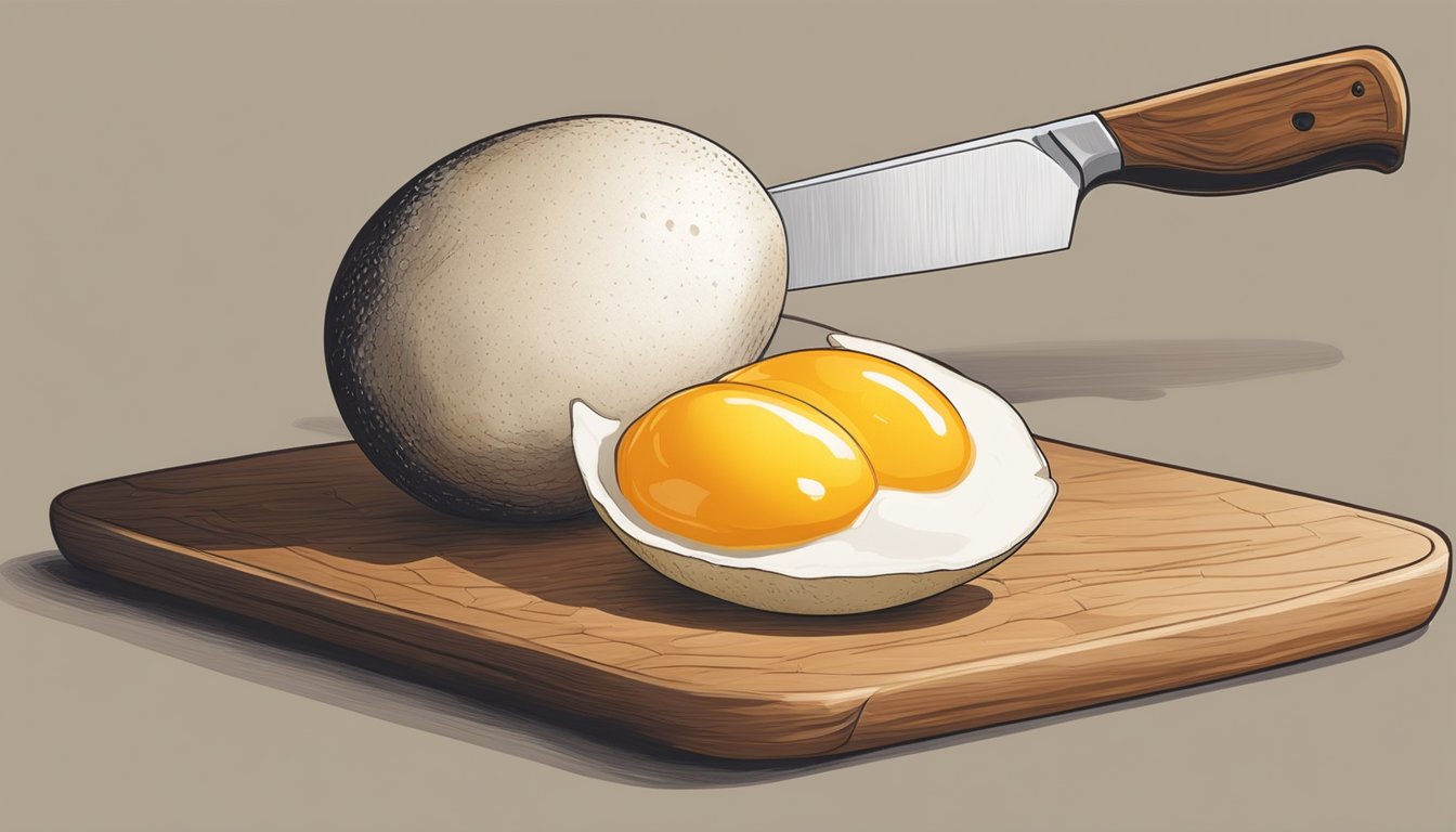 An ostrich egg cracked open on a cutting board, with a raw yolk and white spilling out. A chef's knife lies nearby