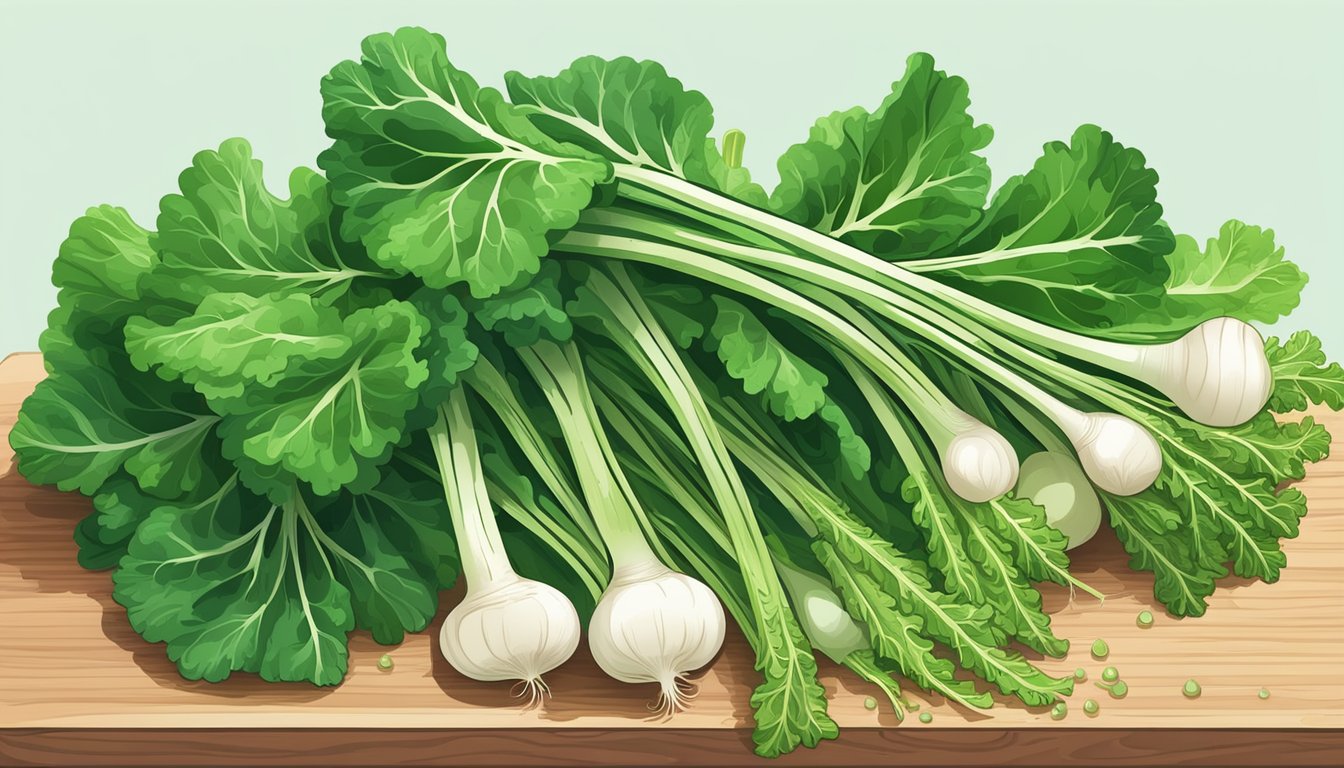 A vibrant bunch of raw turnip greens arranged on a wooden cutting board, with drops of water glistening on the leaves