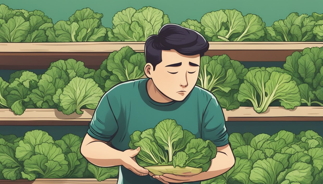 A person examining a bunch of raw turnip greens with a concerned expression