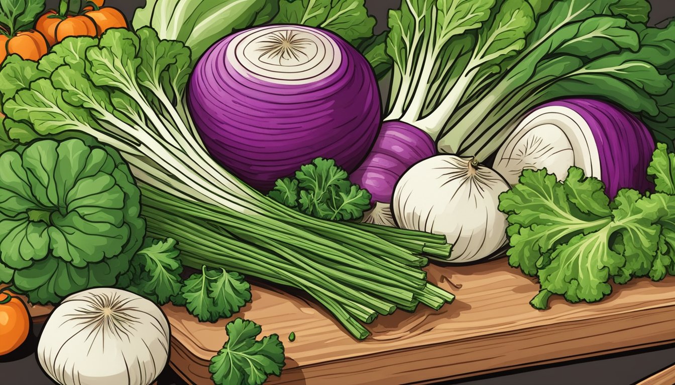 A pile of fresh raw turnip greens on a cutting board, surrounded by colorful vegetables and a sharp knife