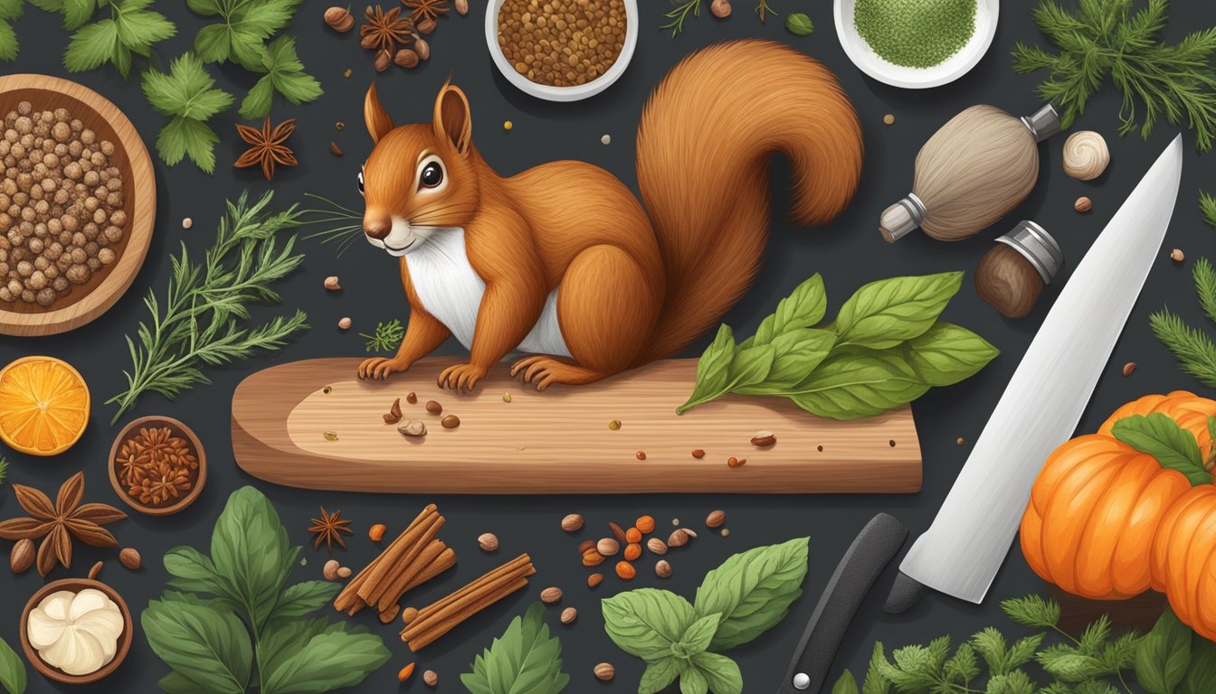 A squirrel on a wooden cutting board, surrounded by herbs and spices, with a chef's knife nearby