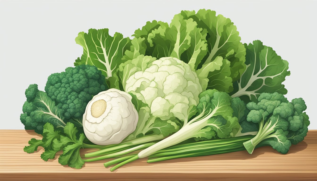 A pile of various cruciferous vegetables, including turnip greens, arranged on a wooden cutting board