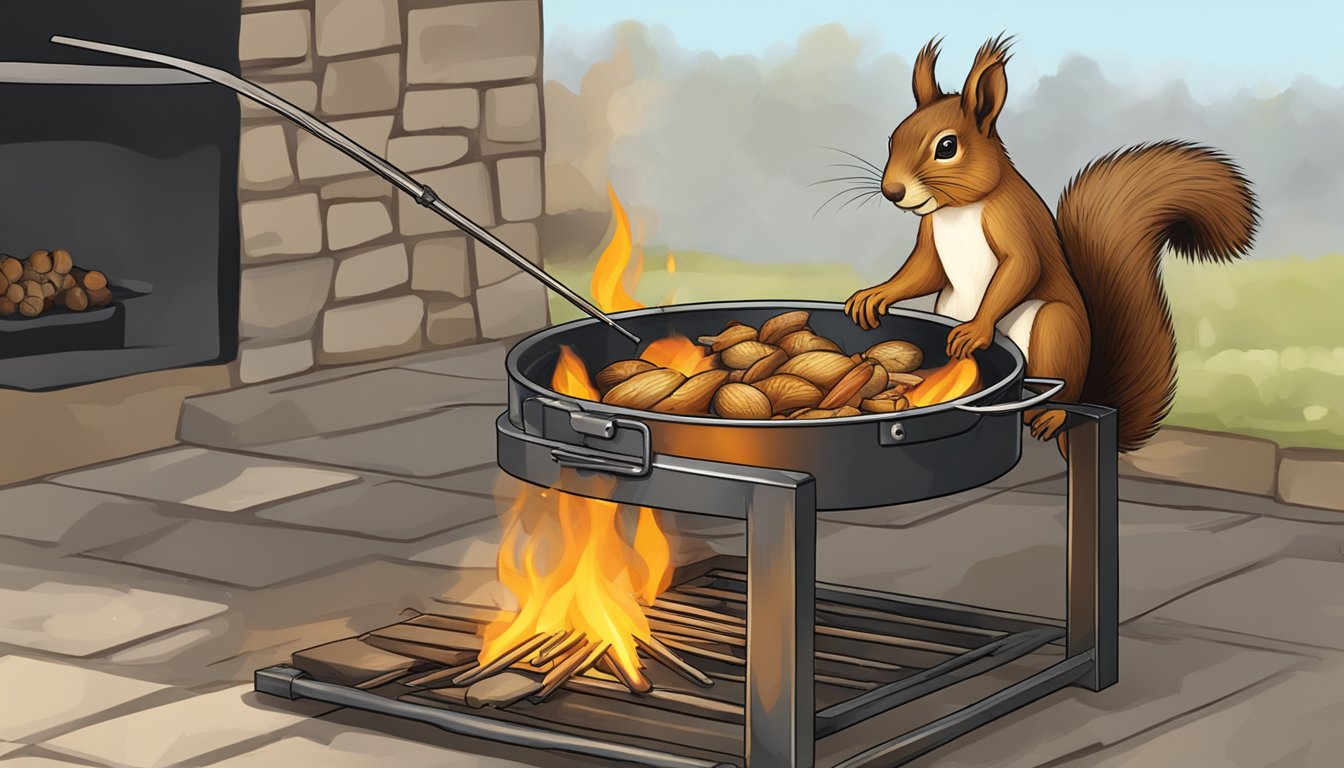 A squirrel being cooked over an open flame on a spit