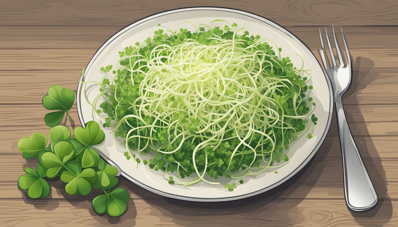 A plate of fresh clover sprouts with a nutritional label next to it