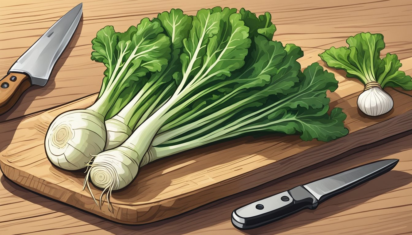 A pile of fresh turnip greens on a cutting board, with a knife nearby