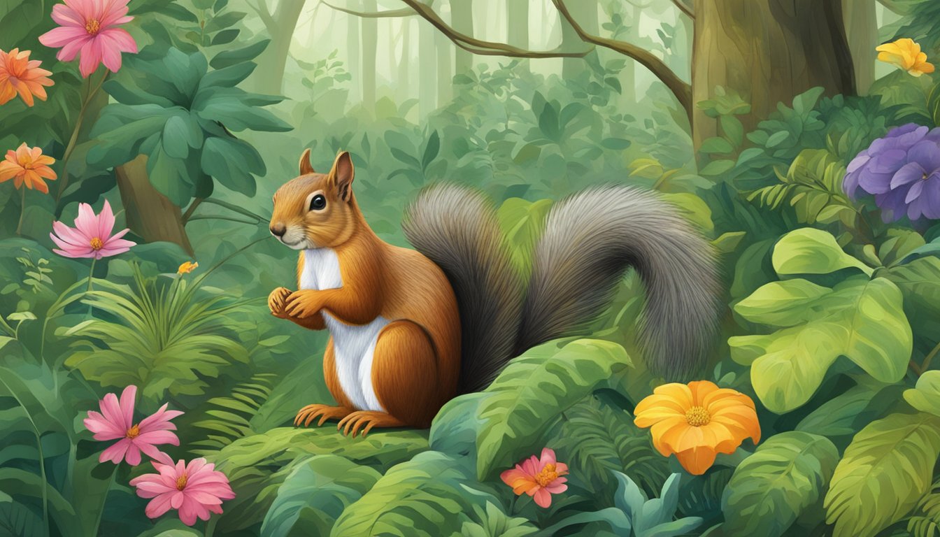 A squirrel foraging in a lush forest, surrounded by diverse flora and fauna