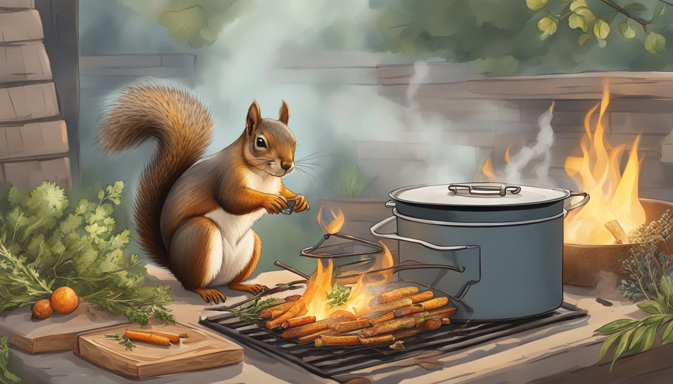 A squirrel being cooked over an open flame on a spit, with herbs and spices scattered around the scene