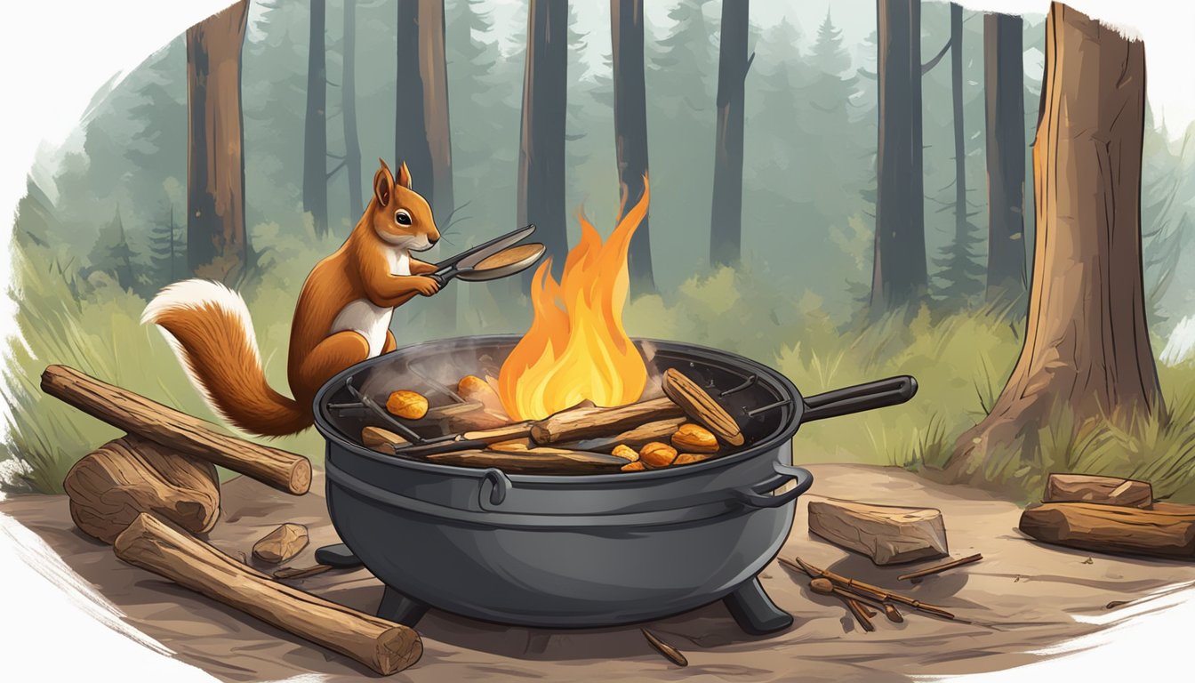 A squirrel being cooked over an open flame on a rustic campfire