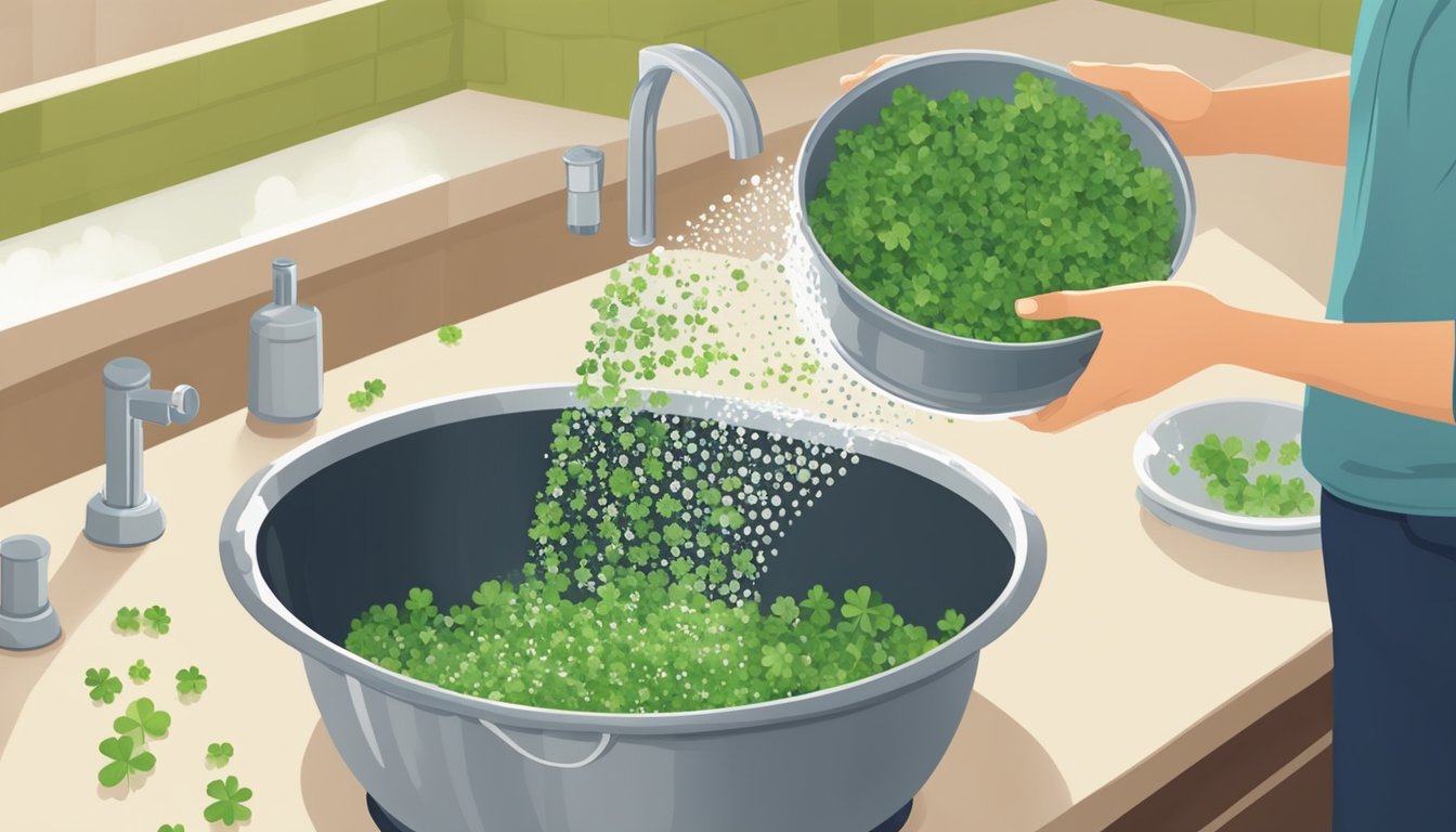 A person rinsing fresh clover sprouts under running water in a colander