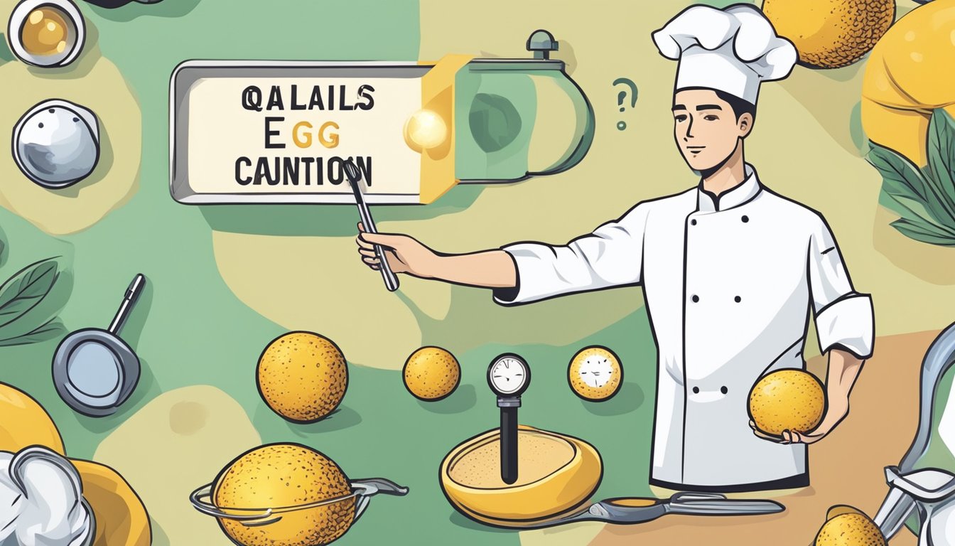 A person holding a quail egg with a question mark above it, surrounded by a thermometer, a chef's hat, and a caution sign