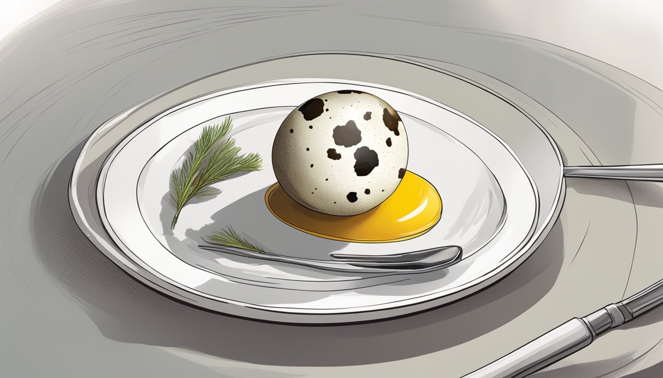 A quail egg being cracked open and placed on a plate, with a question mark hovering above it