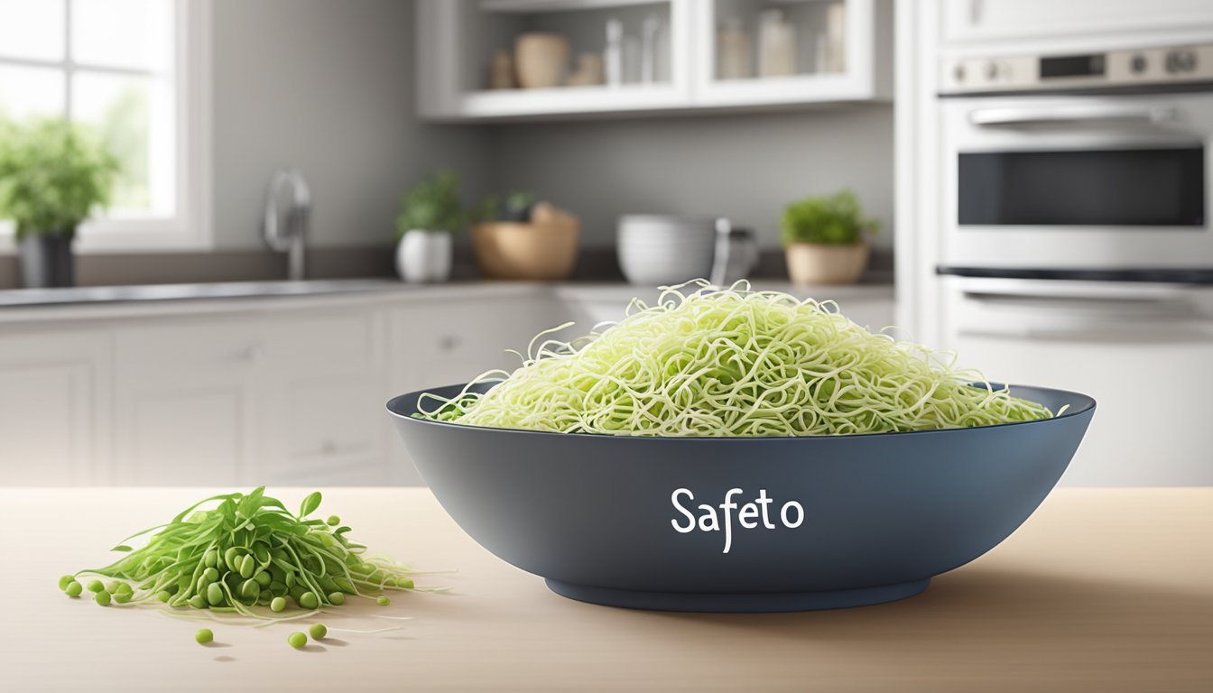 A bowl of fresh mung bean sprouts with a label indicating "safe to eat raw" next to a clean kitchen counter