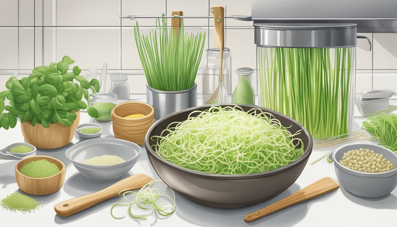 Fresh mung bean sprouts surrounded by clean, organized kitchen tools and a clear food safety guide