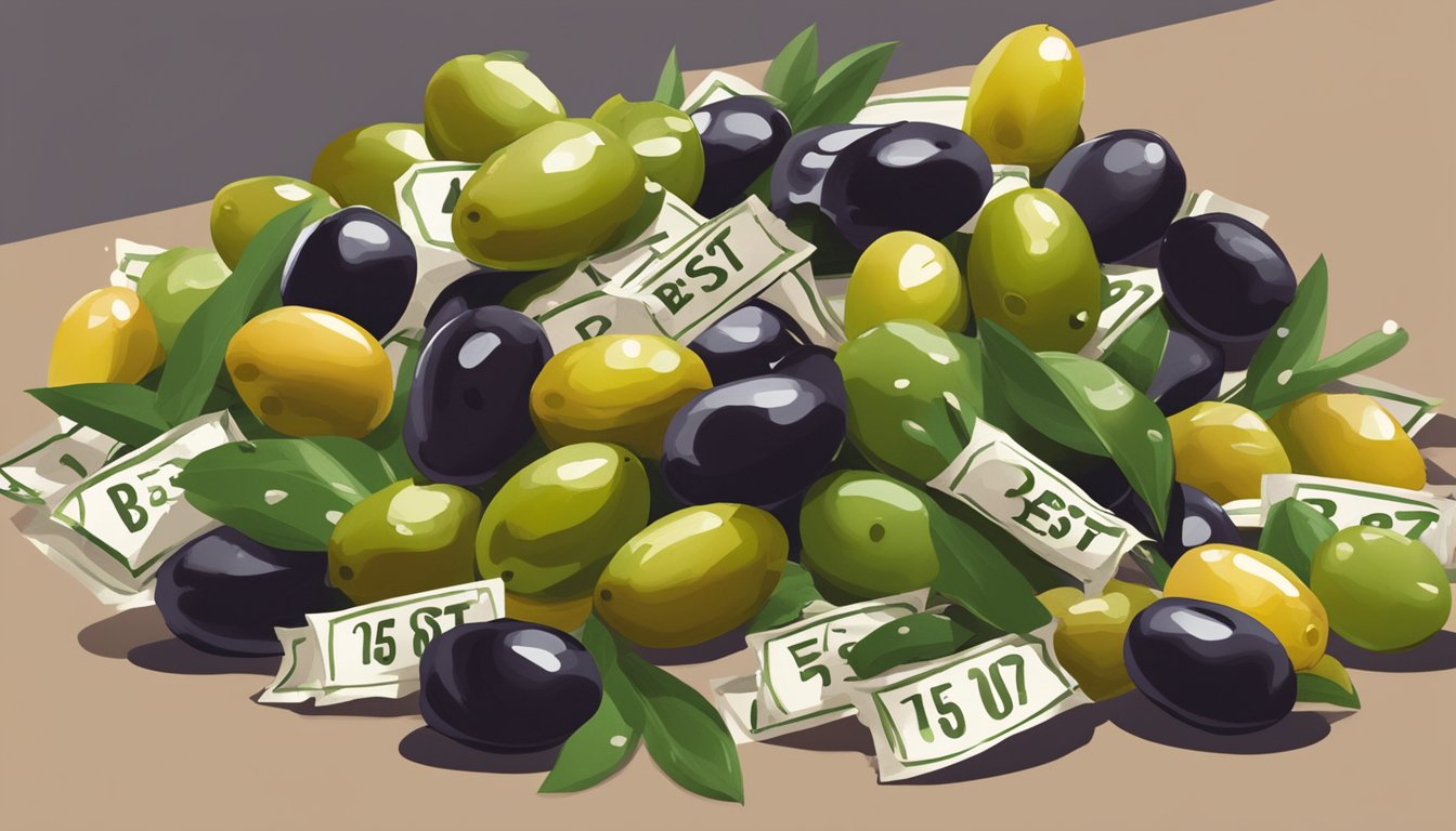 A pile of expired olives with a "best by" date past, surrounded by question marks and caution signs