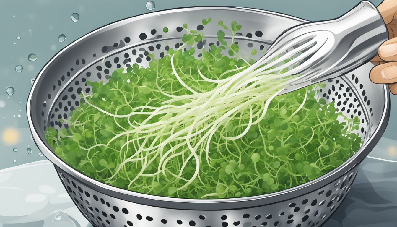 A close-up of raw radish sprouts in a colander, being rinsed under running water