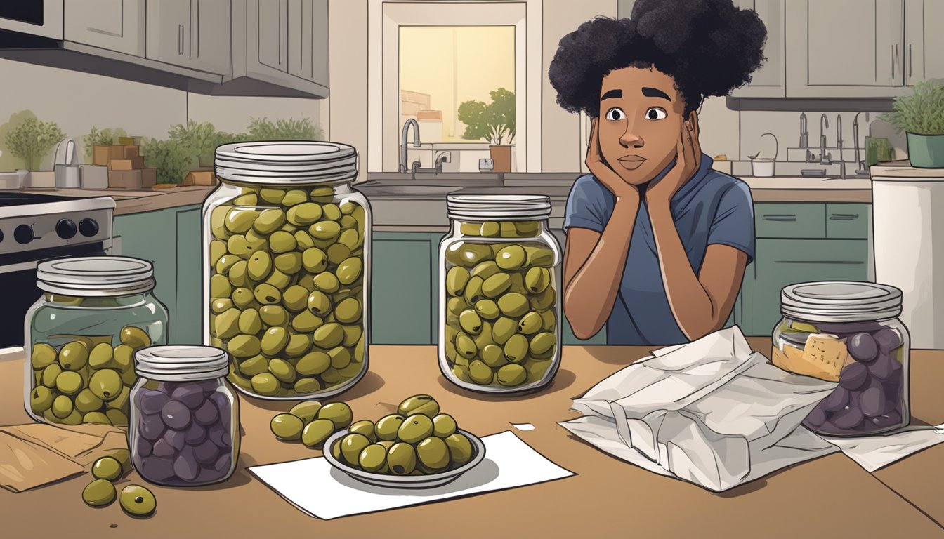 A jar of spoiled olives sits on a kitchen counter, surrounded by discarded packaging and a concerned expression on a person's face