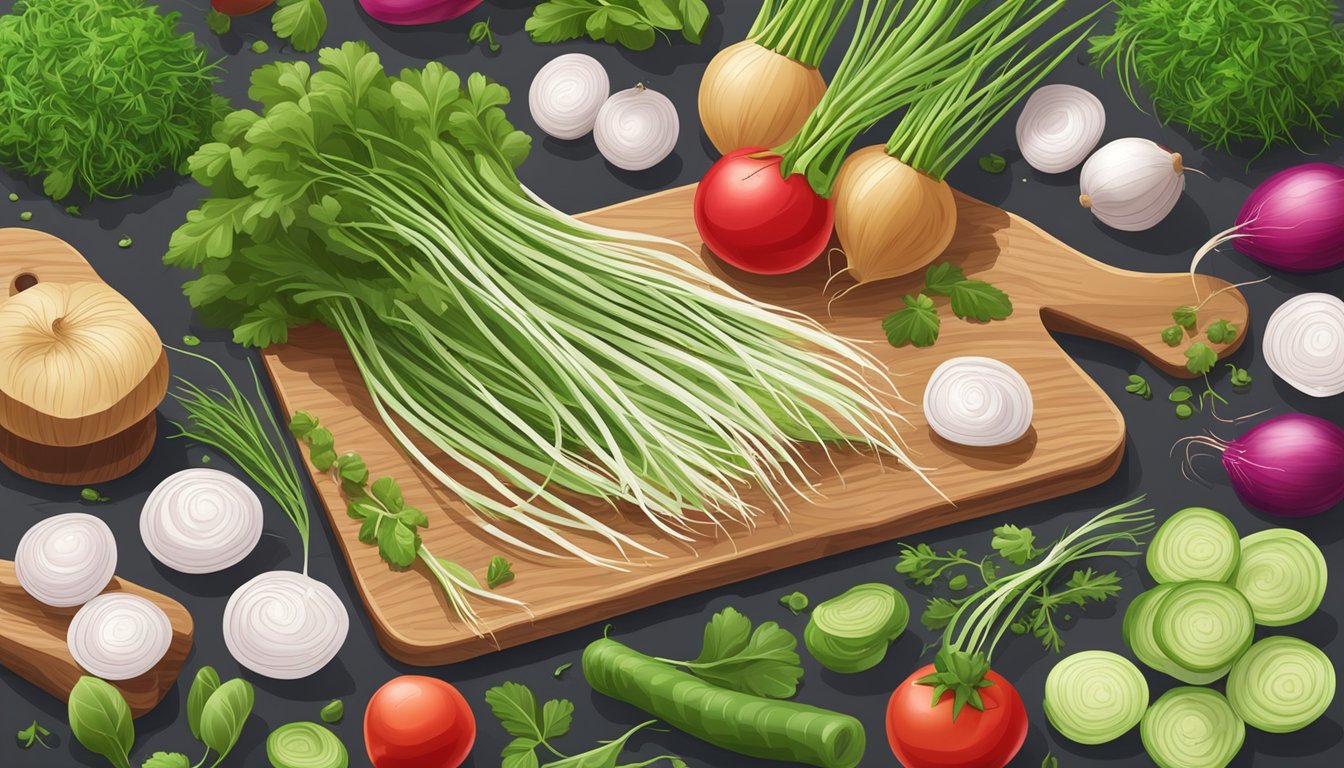 A pile of fresh raw radish sprouts on a clean cutting board, surrounded by a variety of colorful vegetables and herbs